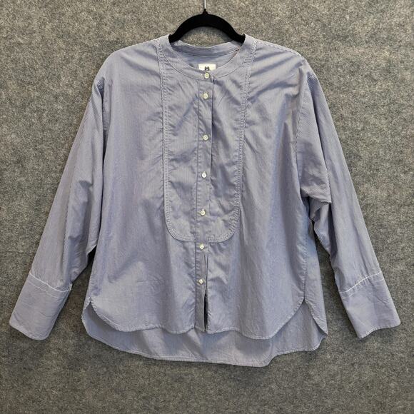 J Crew Shirt Women Size 14 Blue Cotton Thomas Mason Pin Stripe Tuxedo Bib Button - Picture 1 of 12